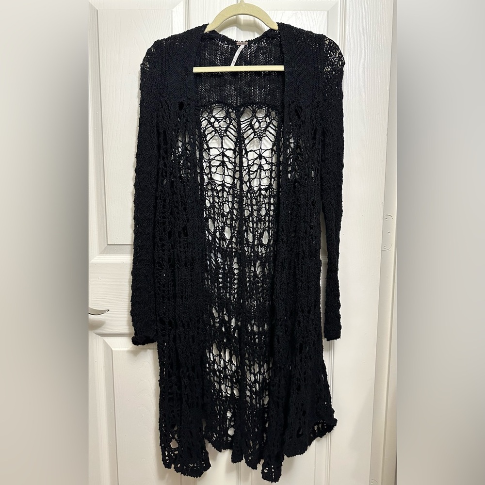 Free People Black Crochet Duster Cardigan XS Boho Festival Style